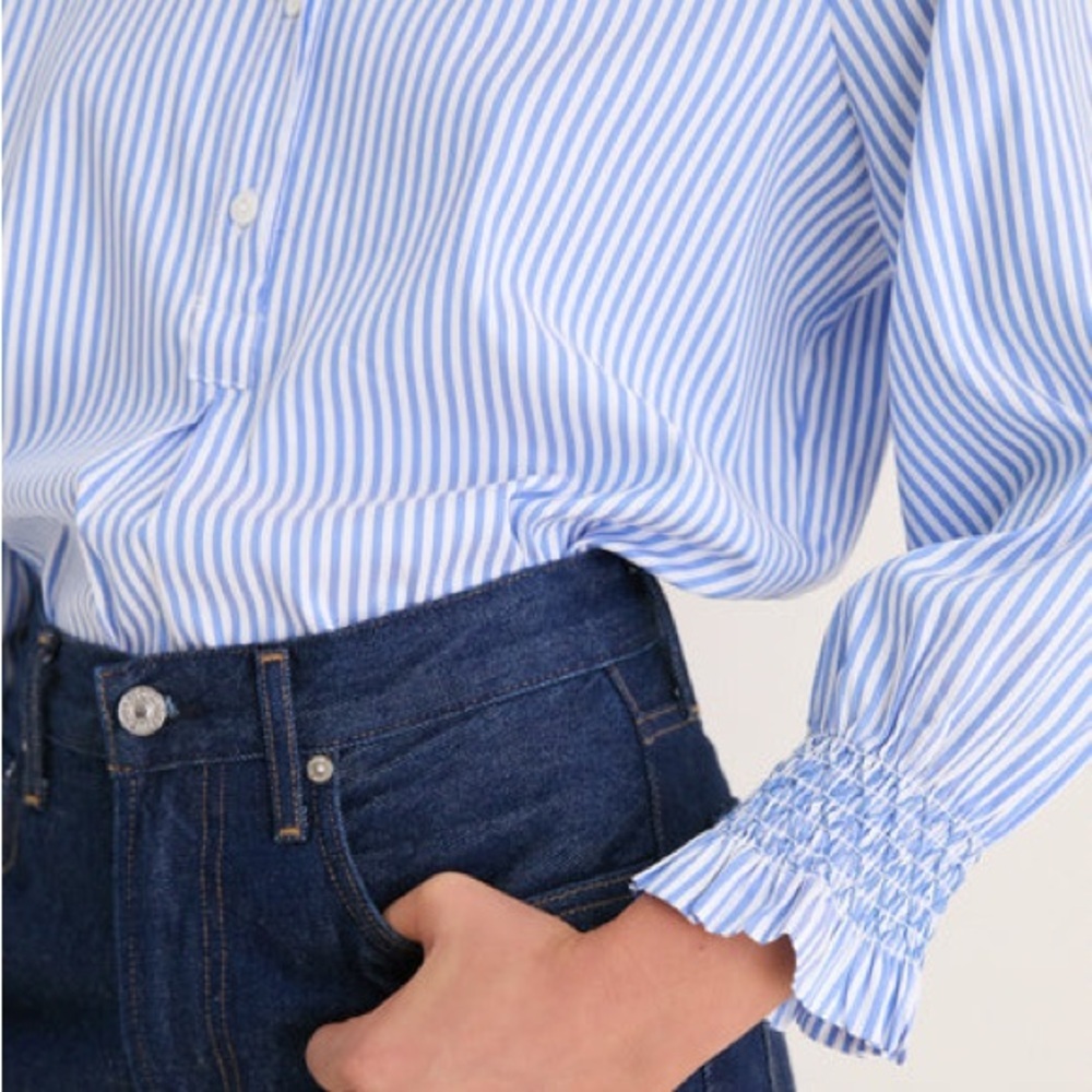 Tuckernuck Blue and White Stripe Teagan Popover Ruffle Top New Size Small - Picture 5 of 14